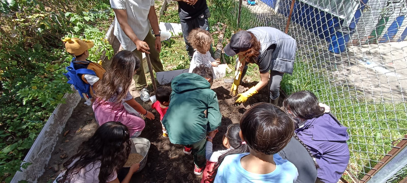 grupo de niños en una huerta sembrando