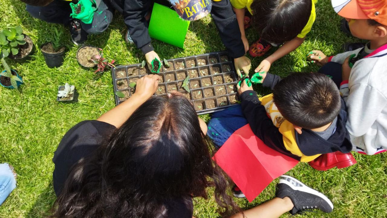 Niños y niñas con un semillero