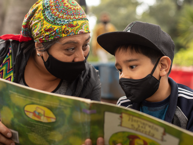 Adulta y niño exploran un libro