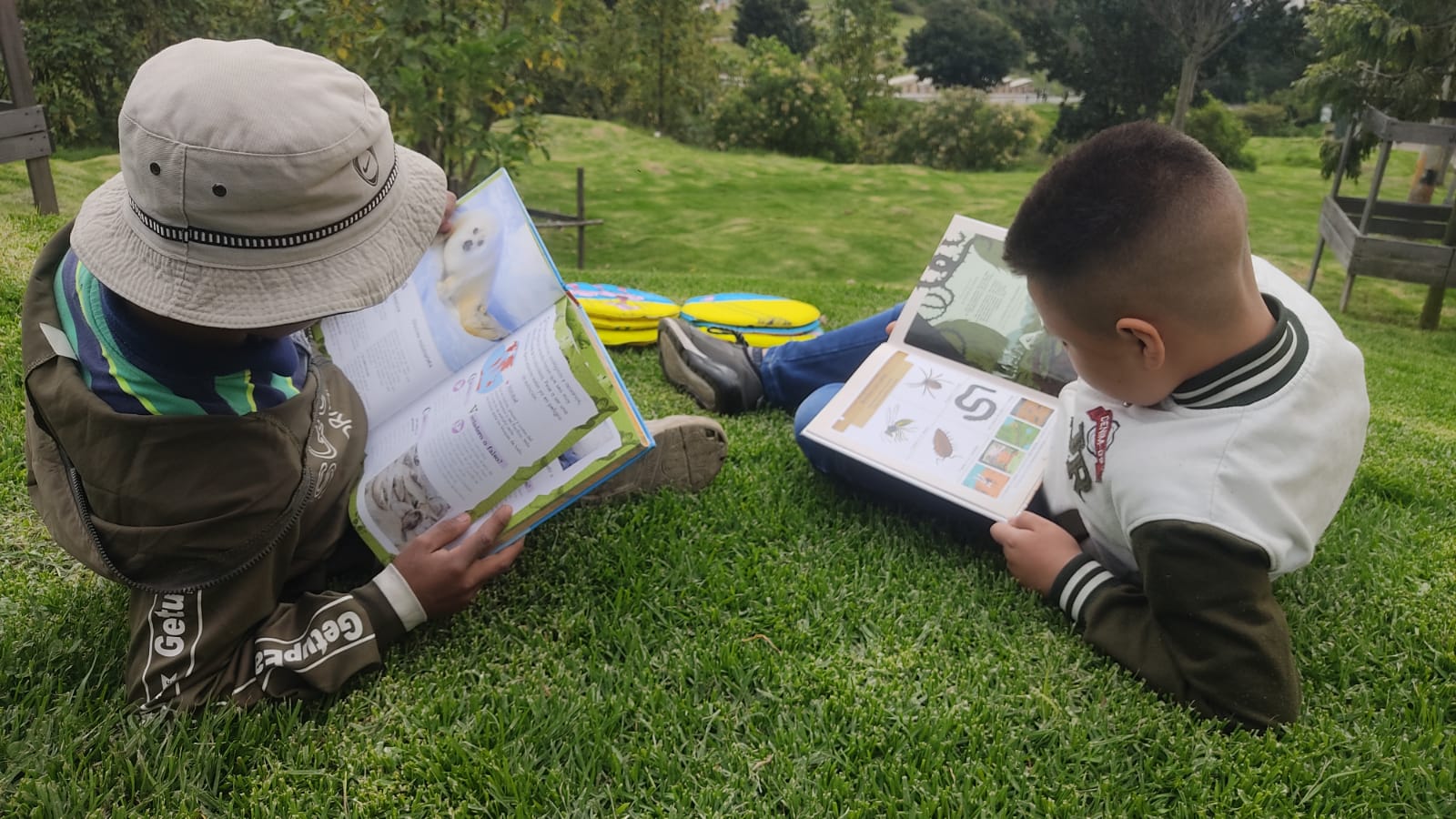 dos niños leyendo, cada uno un libro diferente, al aire libre 