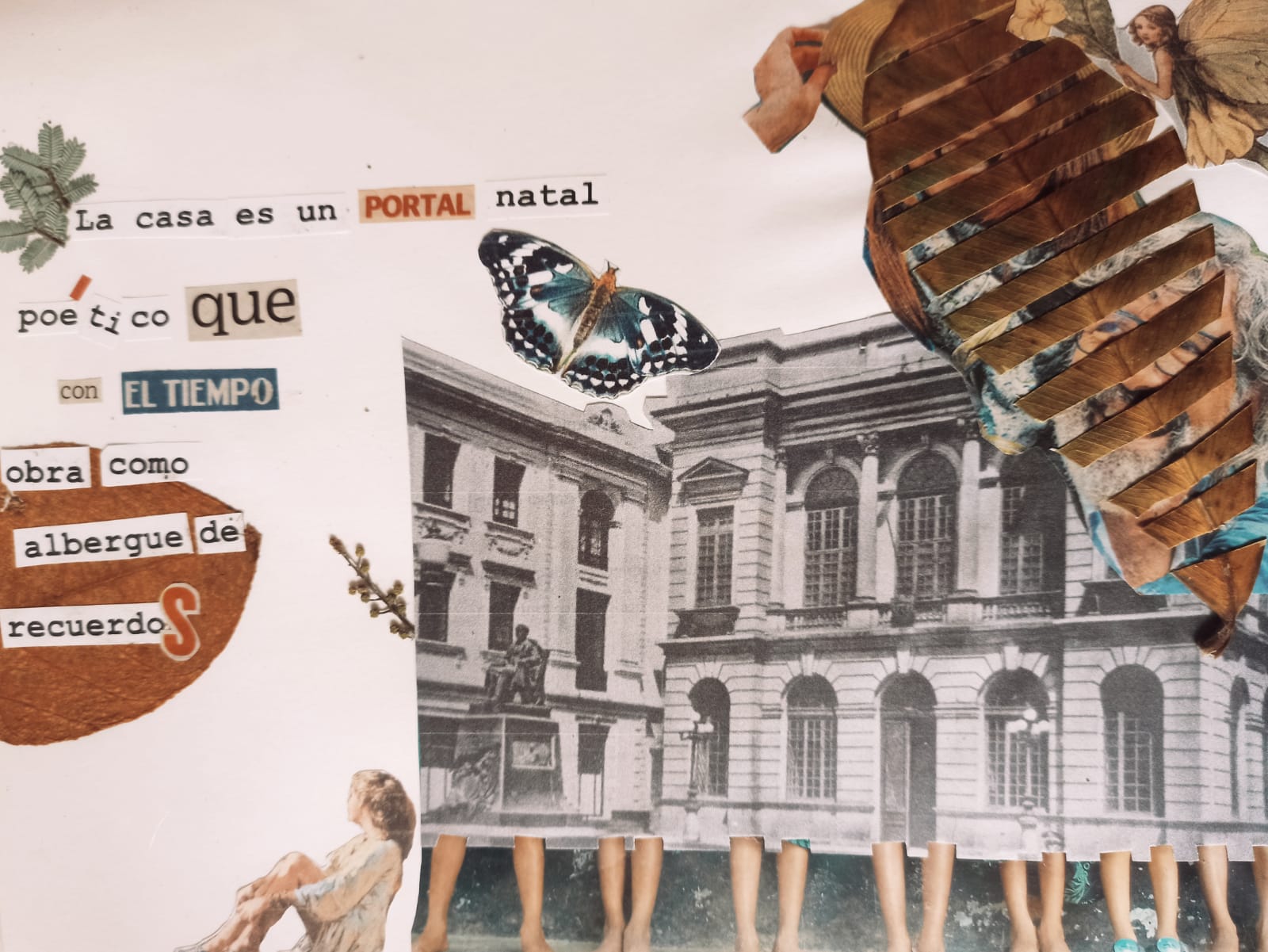 un collage de recortes de periódicos con una casa y una mariposa