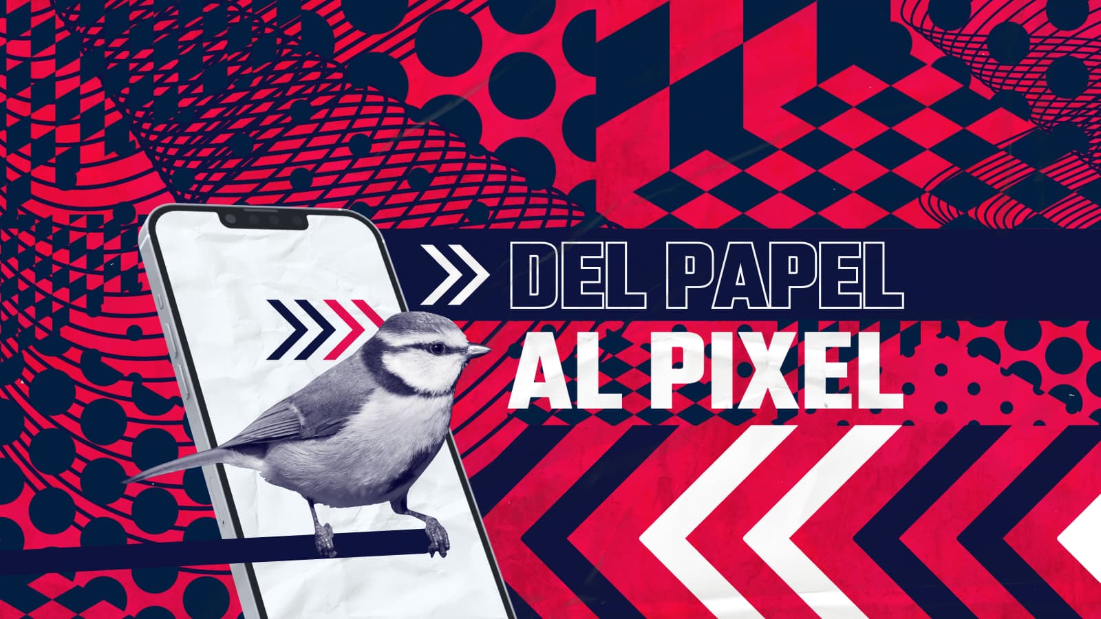 Imagen estilizada de una pantalla de celular de la que sale un pájaro con distintos íconos a su alrededor. Al lado se leen las palabras "Del papel al pixel"