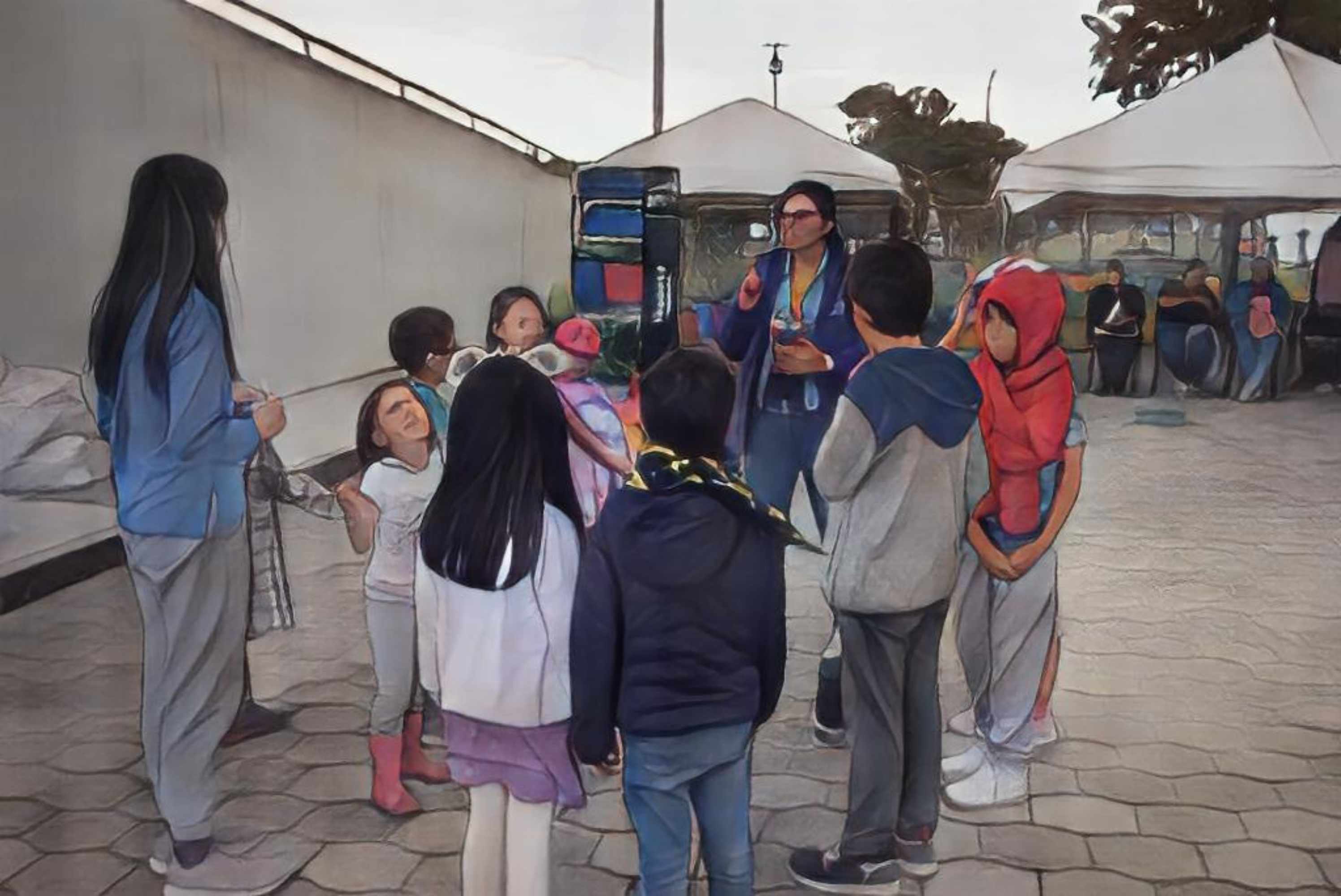 ilustración de un grupo de niños y un adulto al aire libre conversando