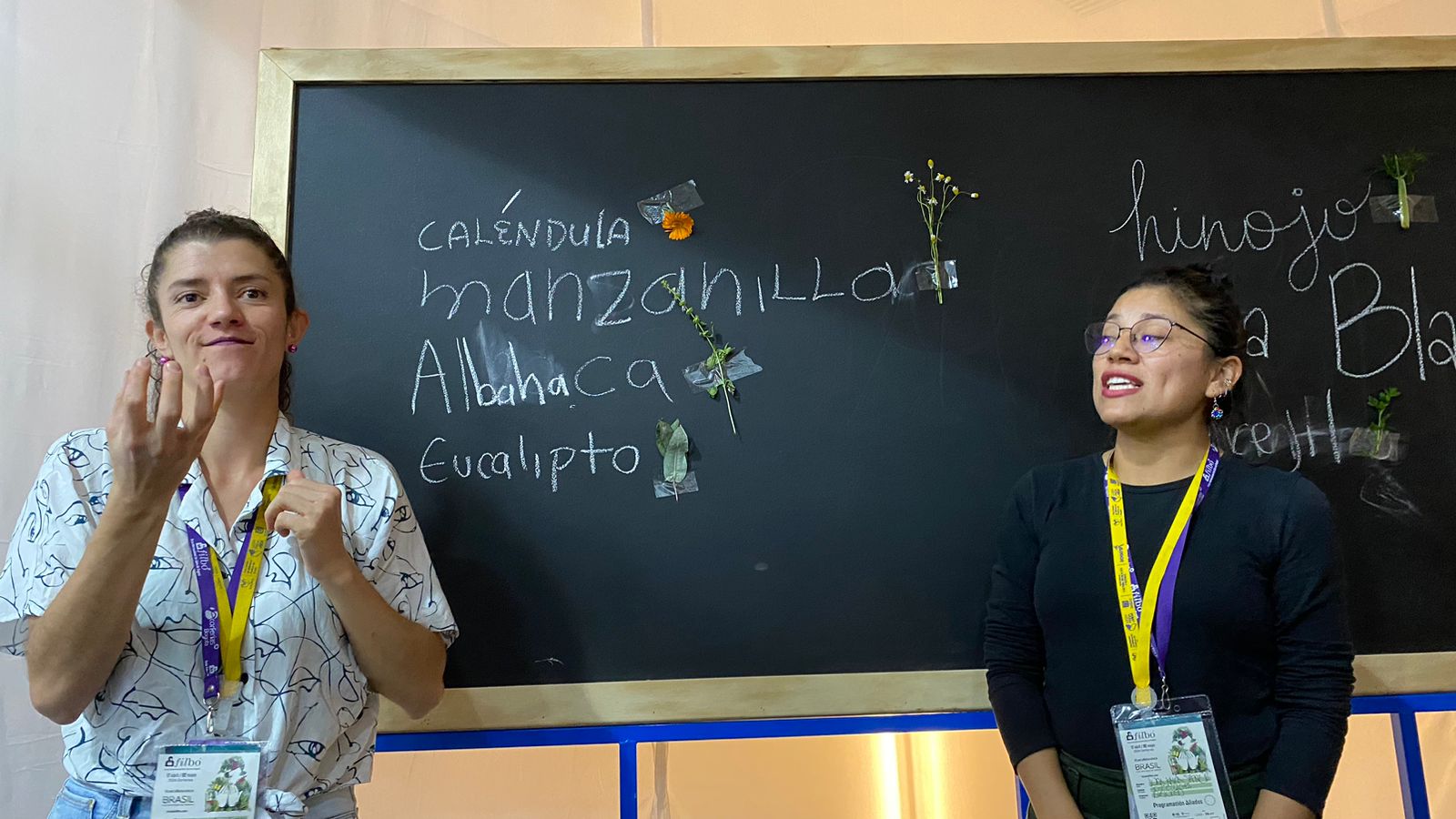 dos mujeres hablando con lengua de señas colombiana frente a un pizarrón